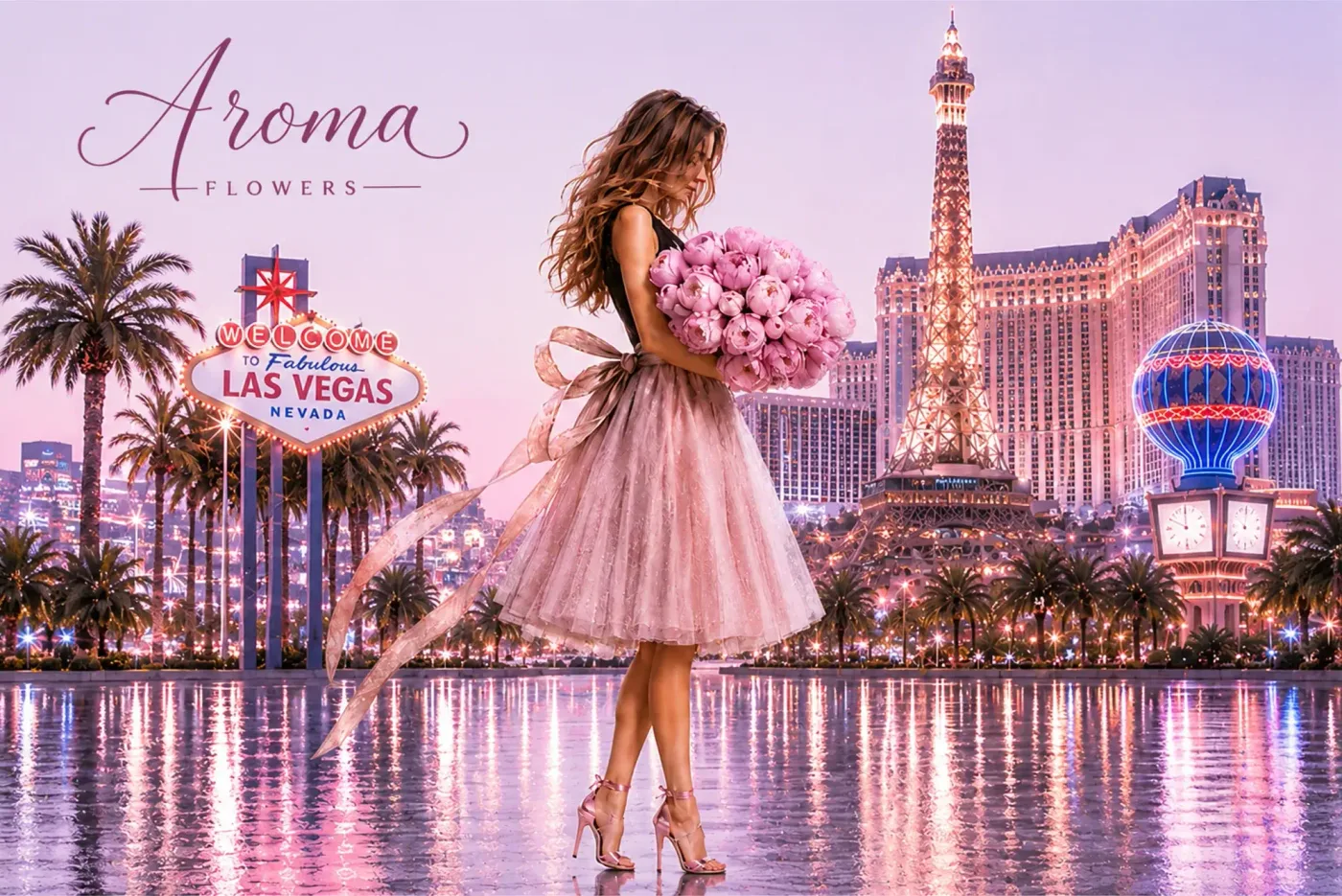 Aroma Flowers: a bouquet of pink peonies against the Las Vegas Strip at dusk