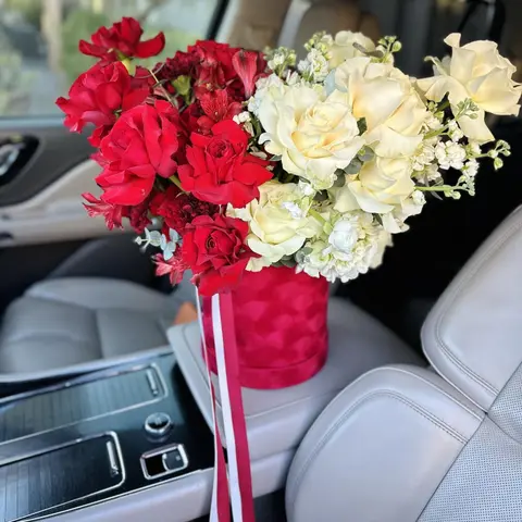 Ivory Blush, red rose box, Aroma Flowers Las Vegas