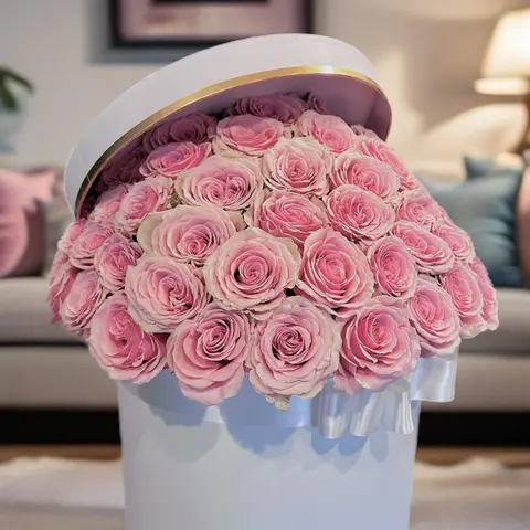 Pink Whisper Bloom Box, 50 pink roses, box, Aroma Flowers Las Vegas